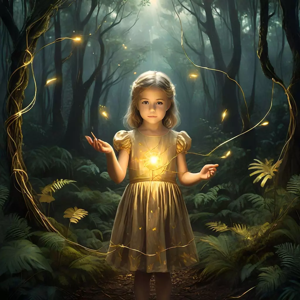 La bellissima e coraggiosa bambina che inizia a creare luce nella foresta oscura, grazie al magico filo d'oro!